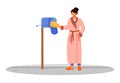 Woman in bathrobe receives post flat color vector illustration