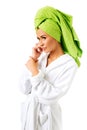 Woman in bathrobe and towel on head Royalty Free Stock Photo