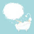 Woman In Bathtub Speech Bubble Foam Dots Blue