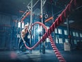 Woman with battle rope battle ropes exercise in the fitness gym. Royalty Free Stock Photo