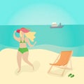 Woman at the beach - cartoon people character isolated illustration. Girl in bikini and red hat standing and takin sun bath near a Royalty Free Stock Photo