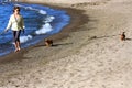 Woman on Beach with Dogs