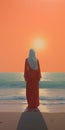 Muslim Woman Walking On Beach At Sunset: Hyperrealist Art Inspired By Traditional Oceanic Art Royalty Free Stock Photo