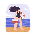 Woman Beach Lifeguard Character with First Aid Kit Box and Lifebuoy Vector Illustration