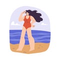 Woman Beach Lifeguard Character Watching and Looking Vector Illustration