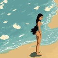 woman beach posing wave sand illustration