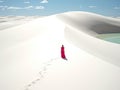 woman beach sand paradise ocean sea back drone top view waves silence serenity zen tranquility Royalty Free Stock Photo