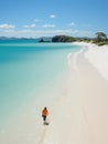 woman beach sand paradise ocean sea back drone top view waves silence serenity zen tranquility Royalty Free Stock Photo