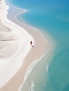 woman beach sand paradise ocean sea back drone top view waves silence serenity zen tranquility Royalty Free Stock Photo