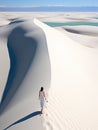 woman beach sand paradise ocean sea back drone top view waves silence serenity zen tranquility Royalty Free Stock Photo