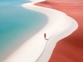 woman beach sand paradise ocean sea back drone top view waves silence serenity zen tranquility Royalty Free Stock Photo