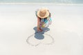 Woman On Beach Summer Vacation, Girl Draw Heart Shape Lying Sand