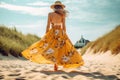 woman lifestyle hippie summer fashion dress person beach sea beautiful resort. Generative AI. Royalty Free Stock Photo