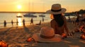 woman on beach at sunset sea,people relax ,yacht boat on sea water, Royalty Free Stock Photo
