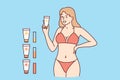 Woman in beach tanning bikini demonstrates anti-sunburn cream for visiting solarium Royalty Free Stock Photo