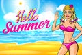 Woman on the beach. vector blonde in a pink bikini on a sunny beach welcomes you. lettering Hello Summer
