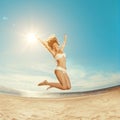 Woman on the beach. Young girl on the sand by sea. Stylish beaut Royalty Free Stock Photo