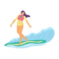 Woman in beachwear surfing in sea or ocean, flat vector illustration isolated.