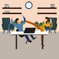 Woman beats the boss at work, conflict. Gender inequality and the fight against stereotypes. Vector illustration