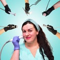 A woman beautician against the background of a collage of handpieces for carrying out hardware slimming procedures in a spa salon. Royalty Free Stock Photo