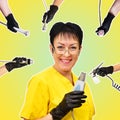 A woman beautician against the background of a collage of handpieces for carrying out hardware slimming procedures in a spa salon. Royalty Free Stock Photo
