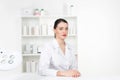 Woman beautician doctor at work in spa center. Portrait of a young female professional cosmetologist. Female employee in Royalty Free Stock Photo