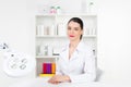 Woman beautician doctor at work in spa center. Portrait of a young female professional cosmetologist. Female employee in Royalty Free Stock Photo