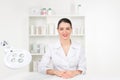 Woman beautician doctor at work in spa center. Portrait of a young female professional cosmetologist. Female employee in Royalty Free Stock Photo