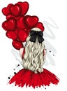 Woman in a beautiful dress with long hair and a bow. Fashion and style, vintage and retro. Love, Valentine`s Day.