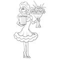 Woman in a beautiful dress stands and holds in her hands a wrapped gift and a bouquet of flowers, cartoon, outline Royalty Free Stock Photo