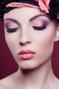 Woman beautiful face closeup fashion portrait pink make up