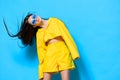 woman beautiful joyful lifestyle yellow young fashion trendy girl sunglasses attractive