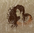 Woman with beautiful long dark hair drawing on the old yellow paper, retro portrait girl in red dress,