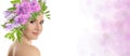 Woman with beautiful makeup wearing flower wreath on light background, space for text. Banner design Royalty Free Stock Photo