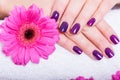 Woman with beautiful manicured purple nails