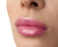 Woman with beautiful perfect lips after permanent makeup procedure on white background, closeup Royalty Free Stock Photo