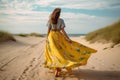 woman beautiful pretty dress person fashion hippie sea summer lifestyle beach. Generative AI. Royalty Free Stock Photo