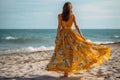 woman hippie outfit dress person beach sea lifestyle summer beautiful fashion. Generative AI. Royalty Free Stock Photo