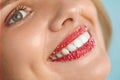 Woman With Beautiful Smile, Sugar Lip Scrub On Lips. Beauty Face