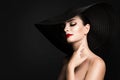 Woman Beauty Black Hat, Elegant Fashion Model Glamour Retro Portrait, Wide Broad Brim Royalty Free Stock Photo