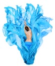 Woman Beauty Body Back Side View. Slim Girl Model in Blue Flying Fabric on Wind. Isolated White