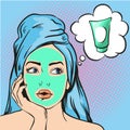 Woman with beauty cosmetic mask on face. Vector illustration in pop art comic style