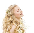 Woman Beauty Hair Care and Treatment, Happy Young Girl Flowers Hairstyle on White Royalty Free Stock Photo