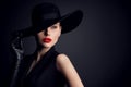 Woman Beauty In Hat, Elegant Fashion Model Retro Style Portrait On Black