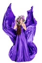 Woman Beauty Lilac Wreath, Fluttering Silk Purple Dress, Beautiful Fashion Gown Waving on White Royalty Free Stock Photo