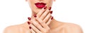 Woman Beauty Lips Nails, Beautiful Model Face Lipstick Makeup, Red Manicure Polish Royalty Free Stock Photo