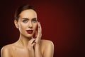 Woman Beauty Makeup, Fashion Model Dark Red Nails and Make Up Royalty Free Stock Photo