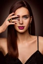 Woman Beauty Makeup, Nails Lips Eyes, Model Covering Face Make Up by Hand with Ring Jewelry Royalty Free Stock Photo