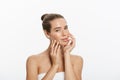 Woman Beauty Makeup, Natural Face Make Up, Body Skin Care, Beautiful Model Touching Neck Chin Royalty Free Stock Photo