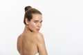 Woman Beauty Makeup, Natural Face Make Up, Body Skin Care, Beautiful Model Touching Neck Chin Royalty Free Stock Photo